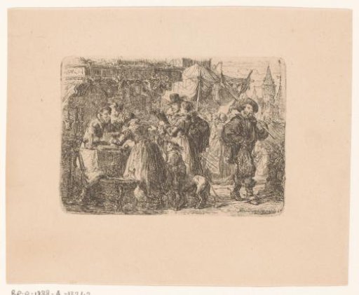 Figures at a market stall on a market
