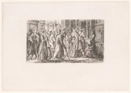 Group of figures giving money to beggars upon entering the cathedral in Antwerp