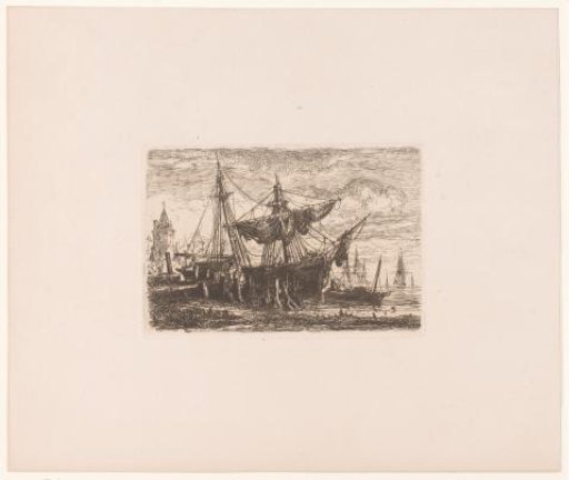 Pier with a partially unrigged ship and a skiff