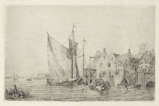 Sailing ships and skiffs at the quay near a village