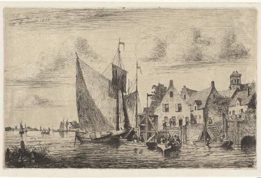 Sailing ships and skiffs at the quay near a village