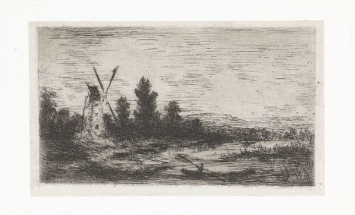 Water-rich landscape with mill and rowing boat