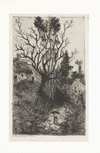 Landscape with thatched house and walking figure