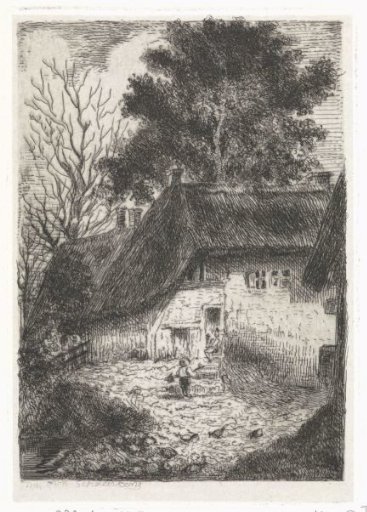 Child with shovel in front of a farm
