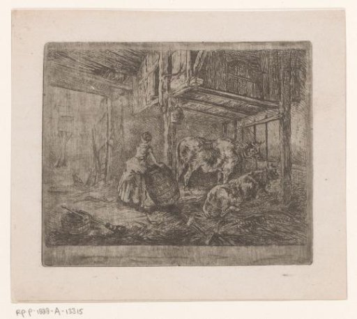 Woman With A Barrel In A Stable With Two Cows