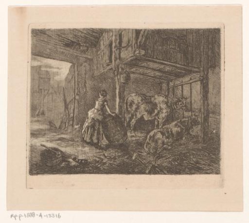Woman With A Barrel In A Stable With Two Cows