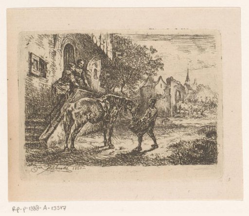 Two Women On A Porch Looking At A Man Leading A Horse
