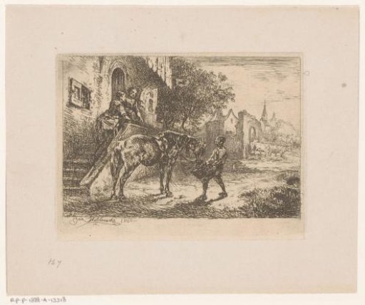 Two Women On A Porch Looking At A Man Leading A Horse