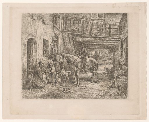 Courtyard With A Man On Horseback Delivering A Letter To A Young Woman
