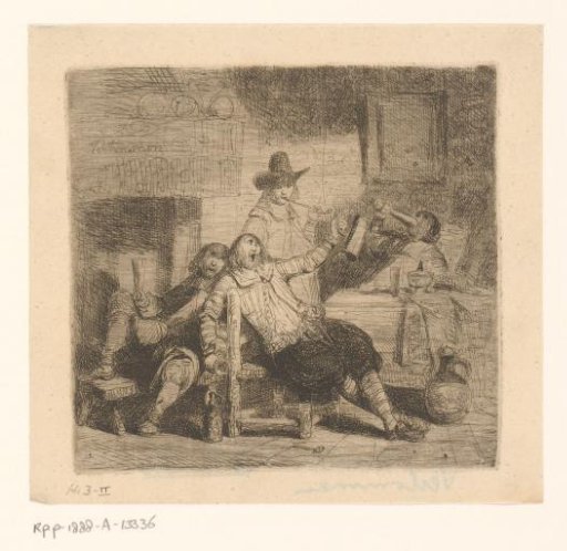 Interior with four drinking men
