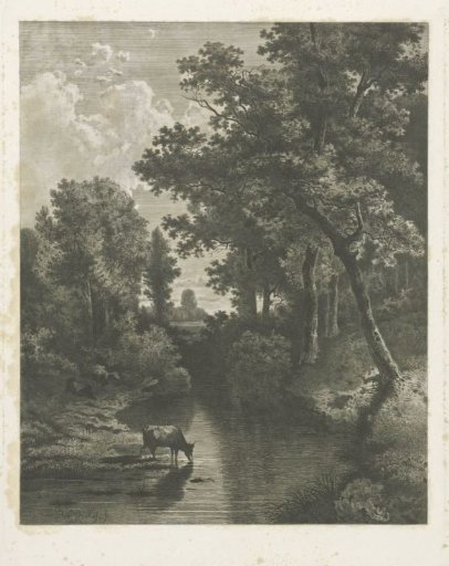 Wooded landscape with cows by a stream