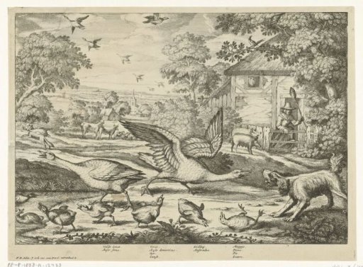 Landscape with two geese defending their young