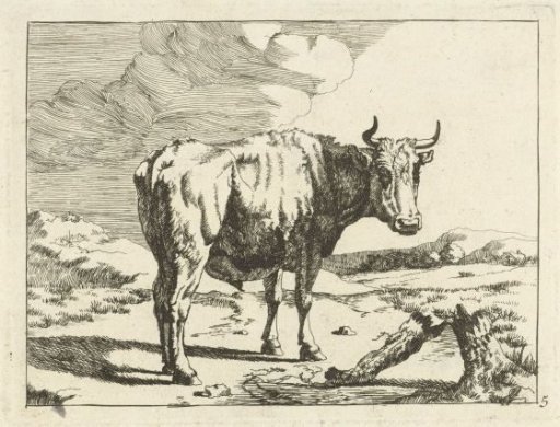 Bull standing by a tree stump