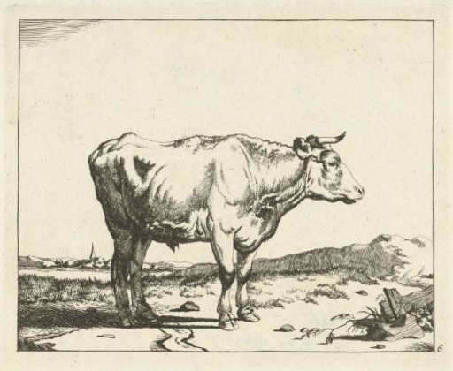 Bull, to the right, with a church tower in the background