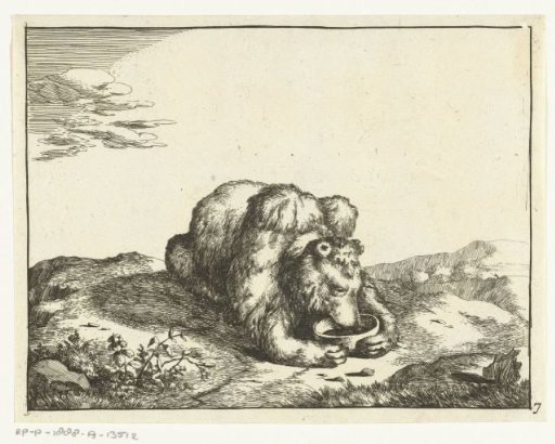Lying bear, from the front, both paws around a bowl