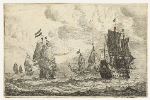 Six sailing ships on the open sea
