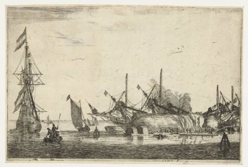 Caulking the hulls of two ships