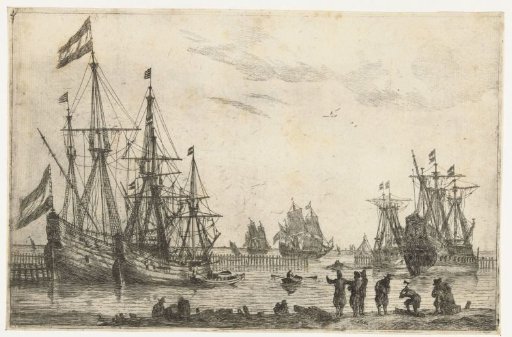 Four sailing ships behind a breakwater