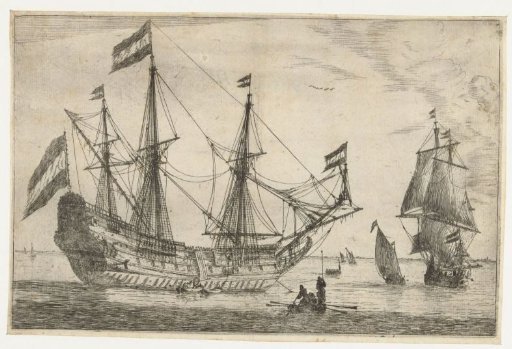 Large sailing ship and a rowboat