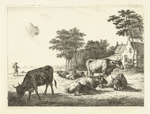 Cows and sheep lying in meadow in front of farm
