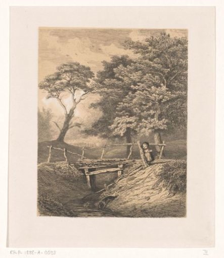Girl with dog by wooden bridge