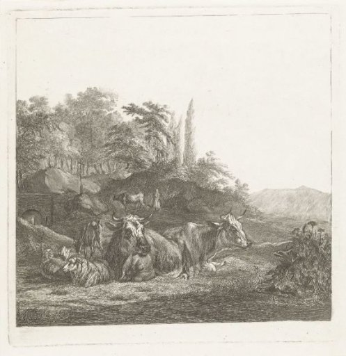 Two cows and three lying sheep by a bridge