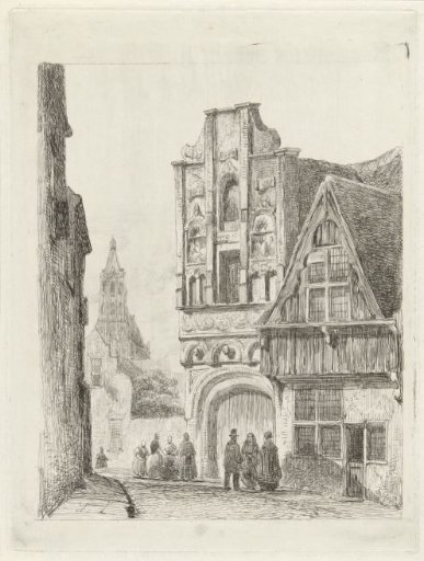 Figures before a Renaissance facade