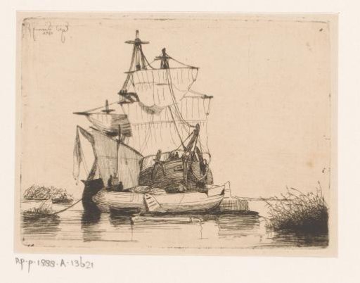 Three-master at anchor near an inland vessel