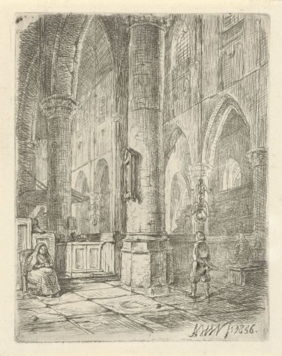 Church interior with a boy and a seated woman