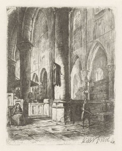 Church interior with a boy and a seated woman