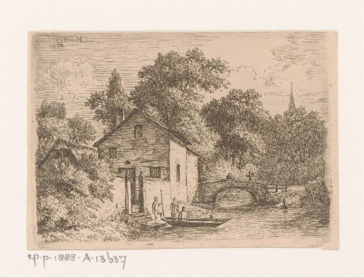Three figures by a rowboat in front of a building
