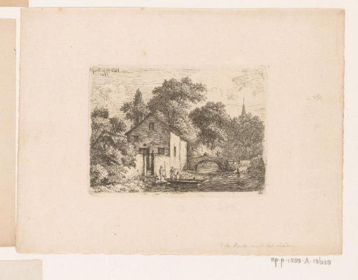 Three figures by a rowboat in front of a building