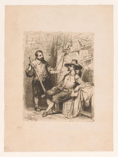Two Soldiers in Conversation Before a Bookcase