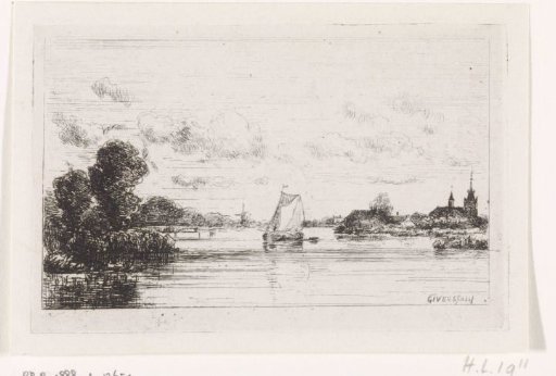 Sailing ship near a village