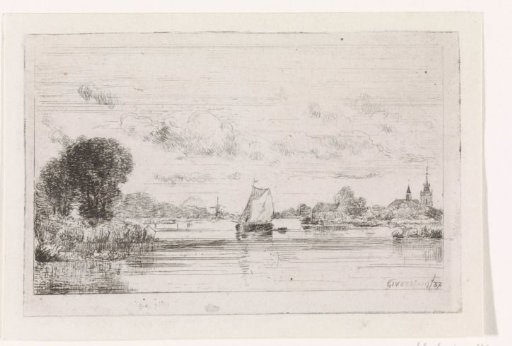 Sailing ship near a village
