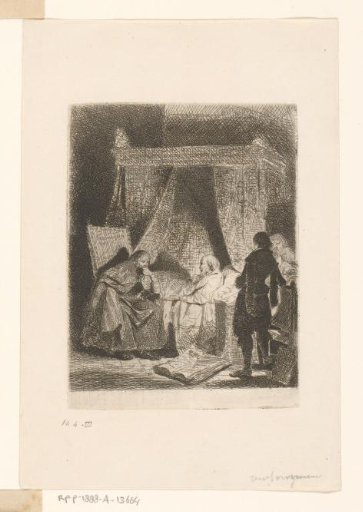Old man in bed in conversation with a man in a chair