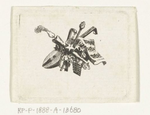 Vignette with lyre, burning torch and music sheet