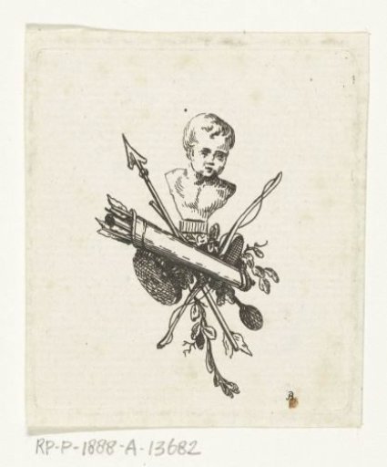 Vignette with bust of Cupid, arrow and bow and quiver