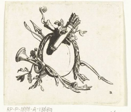 Vignette with musical instruments, burning torch, arrow and bow and quiver