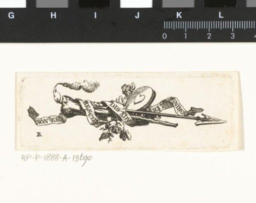 Vignette with burning torch, arrow, heart and band with inscription non erubescendis adurit ignitus