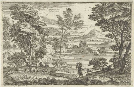 Landscape with woman with dog