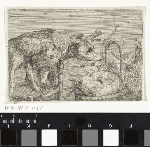 Two dogs by a basket of food