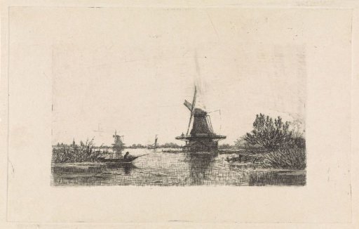 Landscape with windmills and a rowing boat