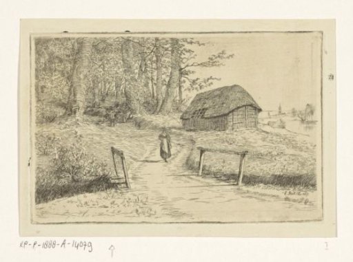 Landscape with a small bridge and a barn