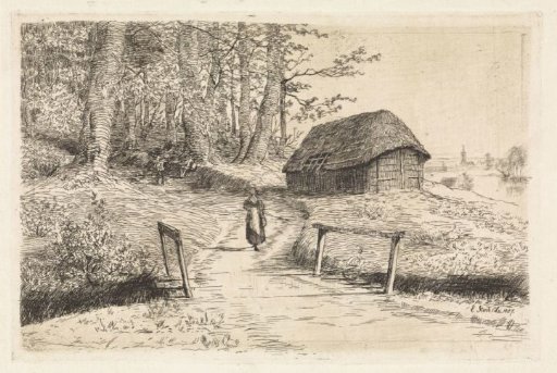 Landscape with a small bridge and a barn