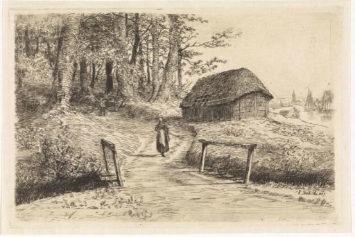 Landscape with a small bridge and a barn