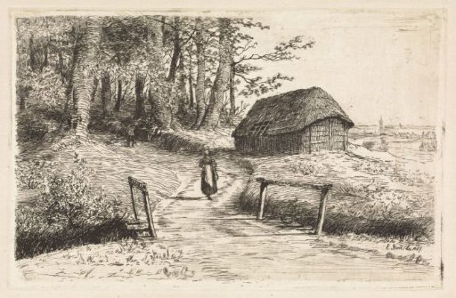 Landscape with a small bridge and a barn