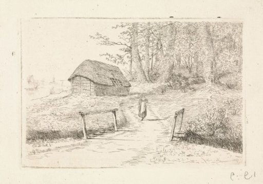 Landscape with a small bridge and a barn