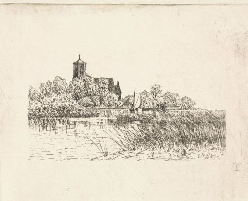 View of the St Urbanus Church at Bovenkerk with a small sailing boat on the water
