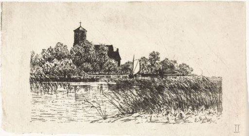 View of the Saint Urbanus Church at Bovenkerk with a small sailing boat on the water
